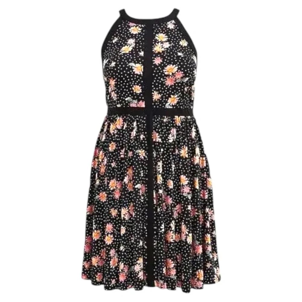 Torrid Black Floral Polka Dot Skater Dress Plus Size 2X‎ 2XL Sleeveless Keyhole - Picture 2 of 10